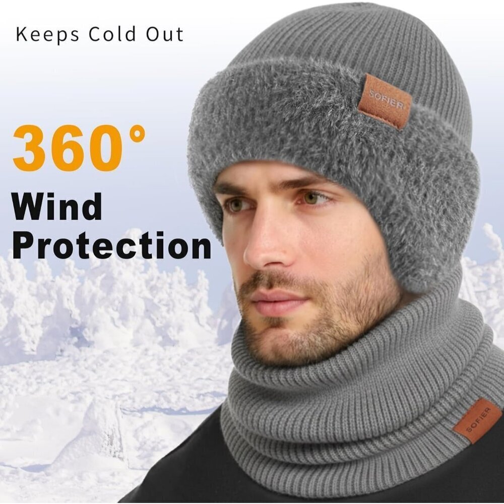 Unisex Dark Grey Fleece-Lined Beanie with Earflaps, Scarf & Touchscreen Gloves - Picture 3 of 7